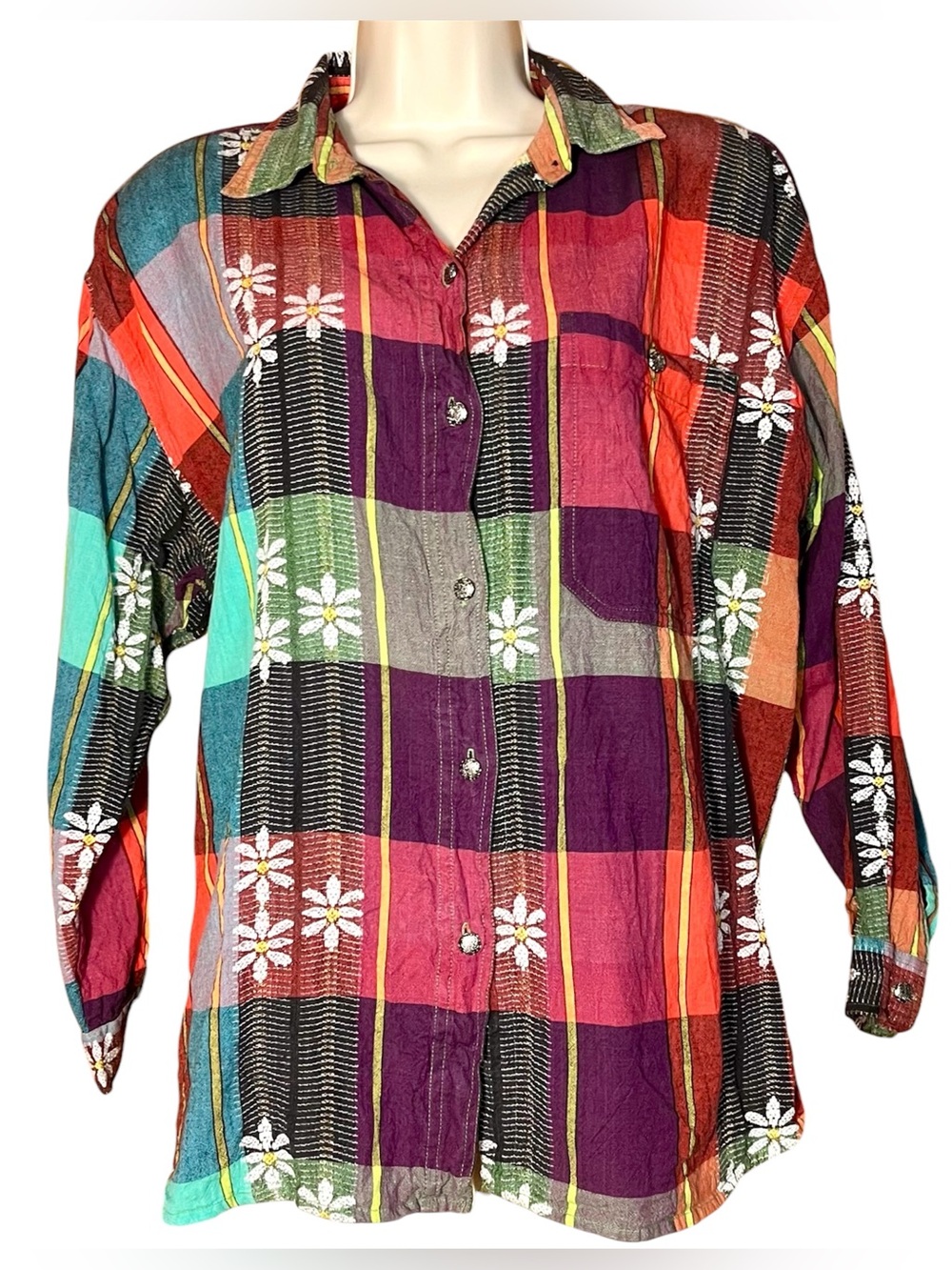 Vintage Plaid Button Down Shirt Top Grunge Madras Embroidered Daisy Boho XL 20W
